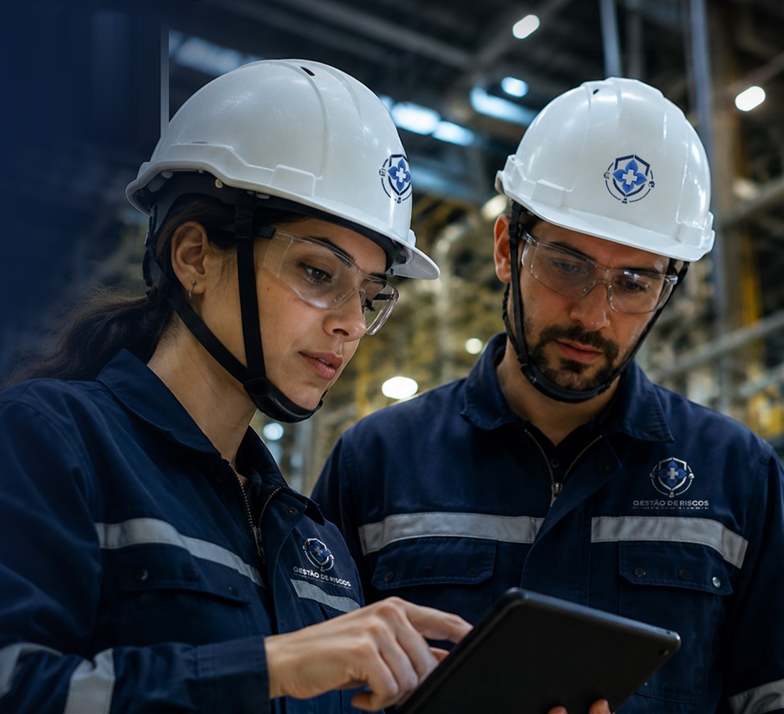 Engenheiros de segurança inspecionando uma planta industrial